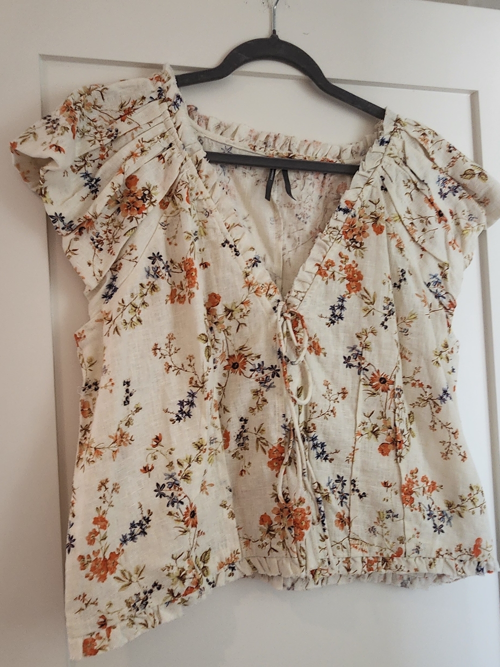 Anthropologie Linen Cream Floral Tie-Front Blouse, Size XL